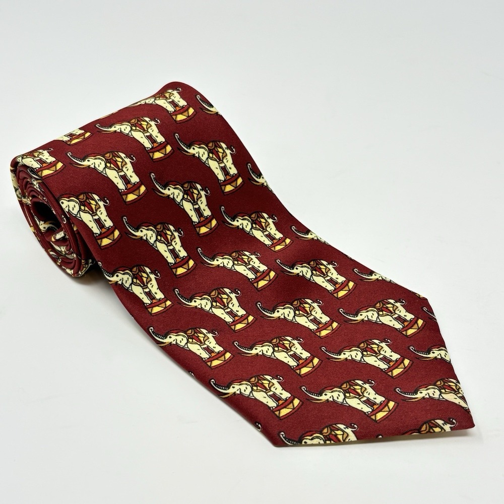 Rene Chagal Silk Italian‎ Design Necktie Animal Print Elephants Handmade Maroon